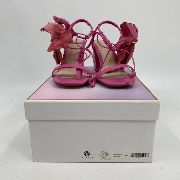 Cecelia Pink Hibiscus Heels | Size 7 Open Toe Block Heel - Picture 8 of 9